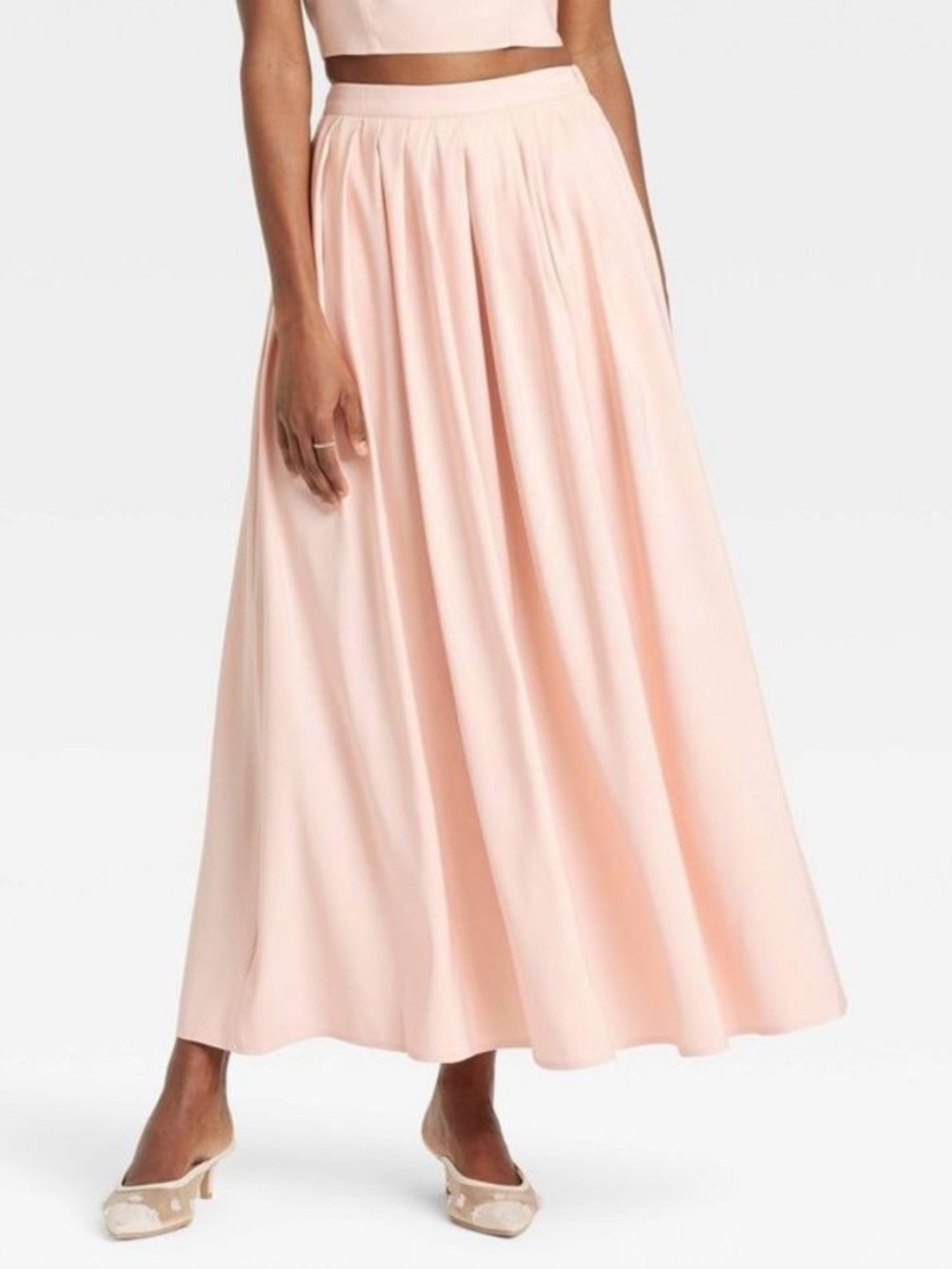 Women's Blush Pink Maxi Skirt - Elegant Full-Length Gathered Waist